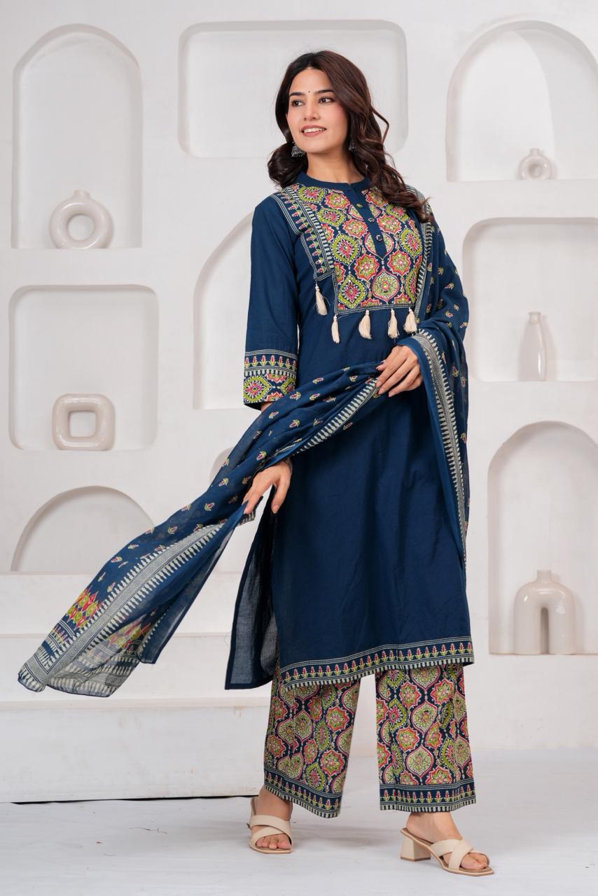 Printed Navy Blue Plazo Set