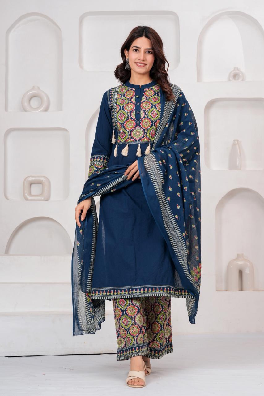 Printed Navy Blue Plazo Set