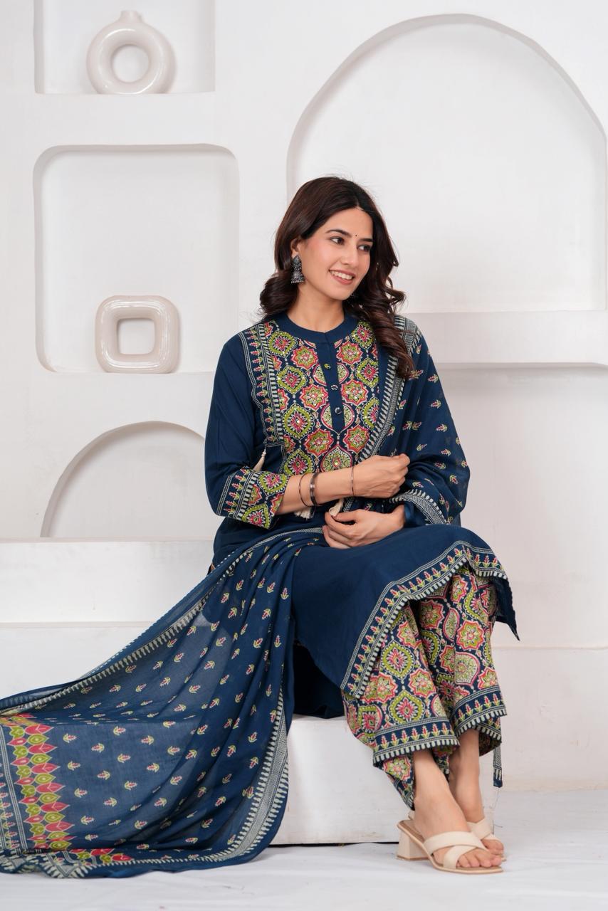 Printed Navy Blue Plazo Set